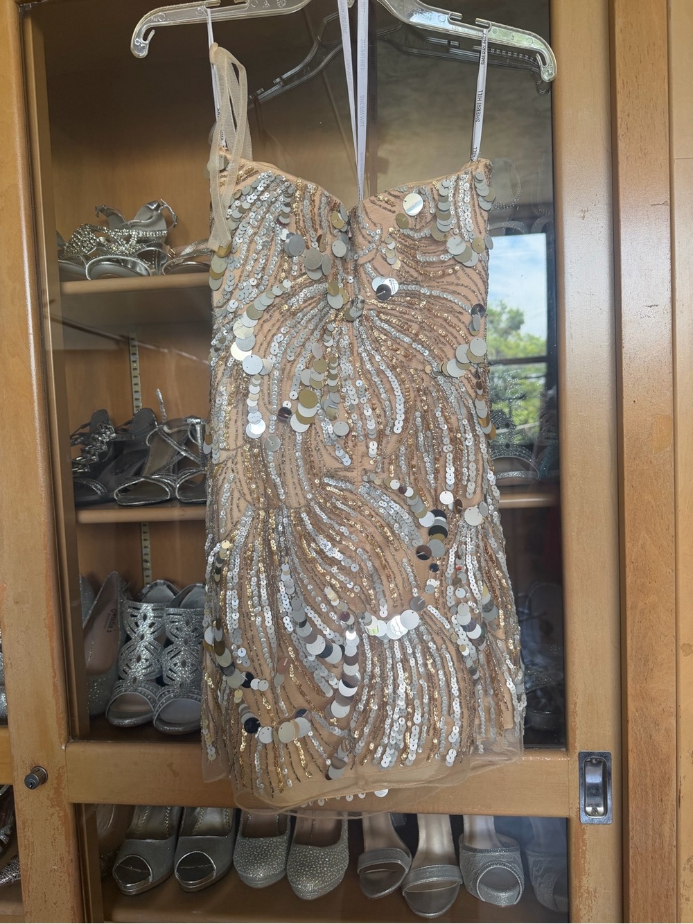 Sherri Hill Gold Sequin Spaghetti Strap Mini Dress